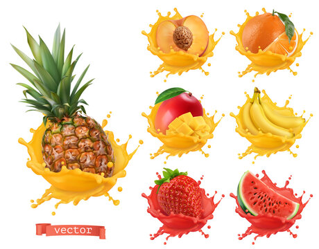 Pineapple, orange, mango, banana, peach, strawberry, watermelon juice. Fresh fruits and splashes, 3d realistic vector icon set