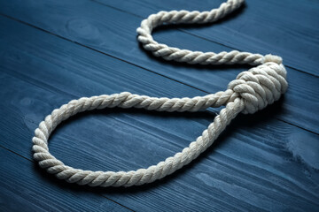 Rope noose with knot on blue wooden table, closeup