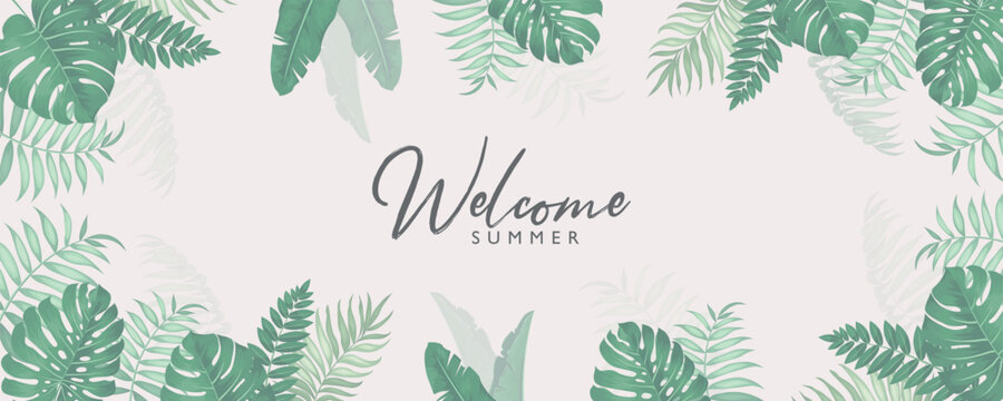Minimalist summer banner design with tropical leaves theme