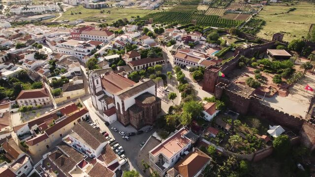 Rotating aerial over the old town of Silves in Algarve, Portugal