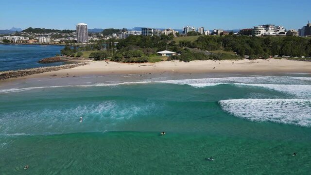 Sandy Beachfront With Rolling Sea Waves At Duranbah Beach Near Ebenezer Park In New South Wales, Australia. - Aerial Shot