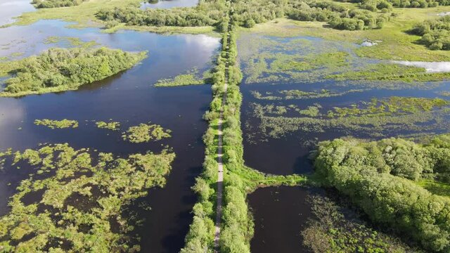 Above the marsh and river Lee on a high tide with walkway in the middle of the river