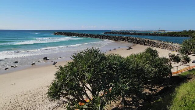 Man With Surfboard Walking On Sandy Seashore Near Ebenezer Park In Duranbah Beach, Gold Coast, QLD Australia. - Tilt-Down Shot
