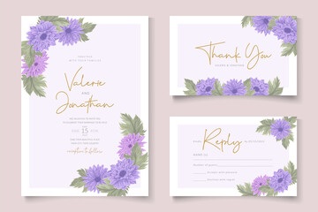 Wedding invitation design with purple chrysanthemum flower