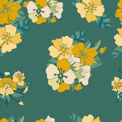 Gordijnen Hand-drawn floral vector seamless pattern in trending colors. Golden, blue-green leaves twigs on a light pink background. For prints of fabric, packaging, textile products. © Lena