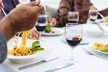 Seniors having a dinner party at the beach