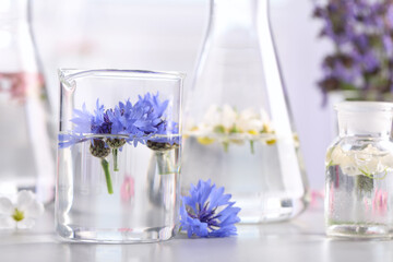 Laboratory glassware with different flowers on light table. Essential oil extraction