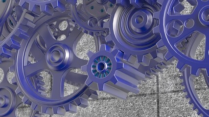 Mechanism blue metallic gears and cogs at work on green plate under spot light background. Industrial machinery. 3D illustration. 3D high quality rendering. 3D CG.