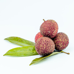 Fresh lychee with leaves isolated on white background