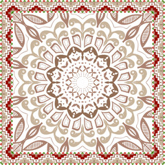 Abstract square scarf pattern design with floral ornament on colored background