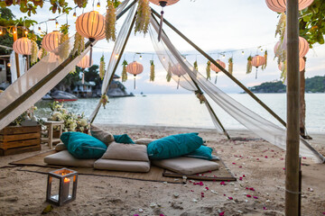 Romantic setting on the beach no people beautiful love concept