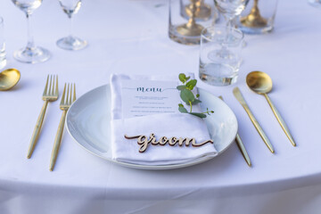 Groom Place Card Dried Romantic Wedding Table Top Layout Table Spread no people no human tropical...