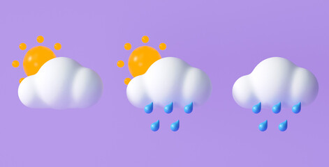Set of 3D Weather icons for forecast design application and web. 3d render illustration.