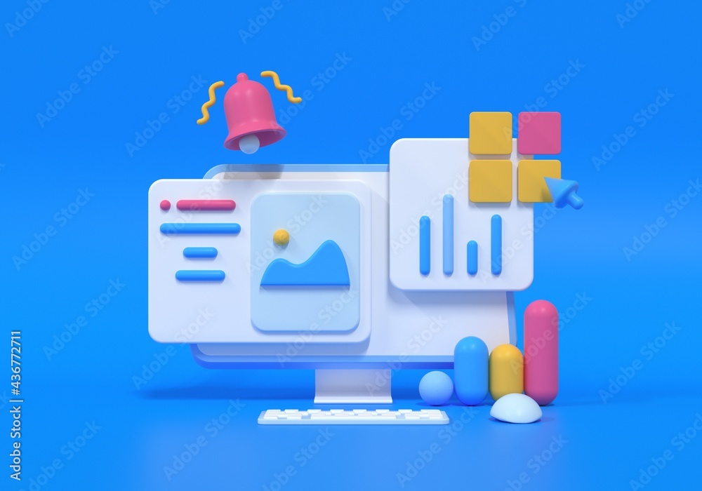 Wall mural mobile application, software and web development with 3d shapes, bar chart, an infographic on blue b