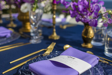 Naklejka na ściany i meble Purple and Gold Romantic Wedding Table Top Layout Table Spread no people no human tropical location copy space
