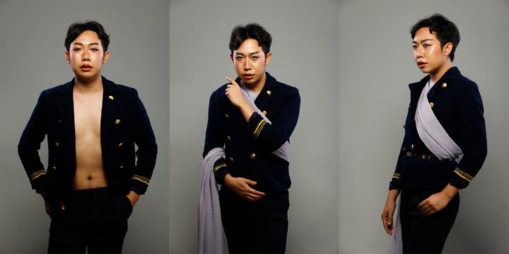 Asian LGBTQIA+ Gay man black hair wear blazzer captain dress