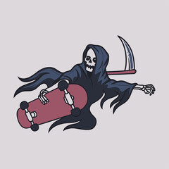 vintage t shirt design grim skateboarding in a flying position and holding the skateboard board reaper illustration
