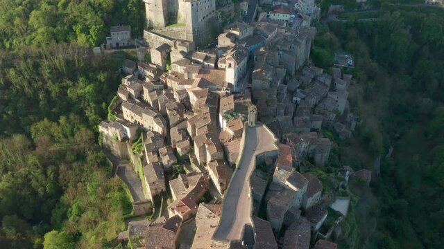 Sorano perched village on Tuscany hill, Italy. Aerial orbit