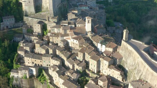 Sorano typical and characteristic Tuscan village, Italy. Aerial rising 