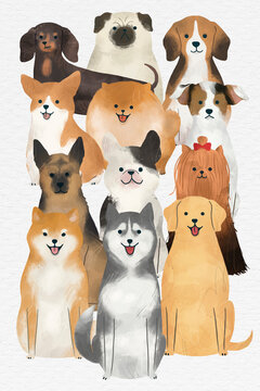 Friendly dog watercolor painting collection