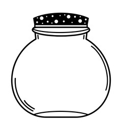 Round glass jar with a lid. Isolated flask on a white background. Black outline of the bottle. Sketch of the vial. Hand-drawn black doodle. Vector icon.