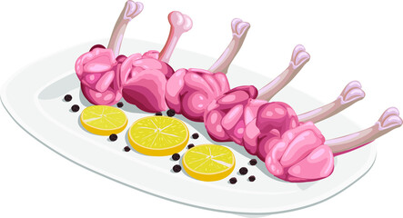 Vector illustration of Raw chicken lollipop, six pieces of chicken lollipop arranged on a white  serving base with lemon slices and pepper, isolated