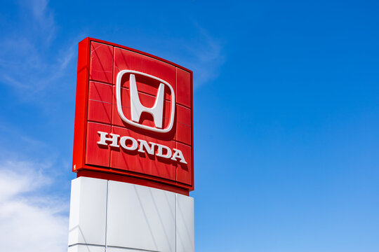 Honda logo sign at a car dealership in Ottawa, Ontario, Canada on May 31, 2021
