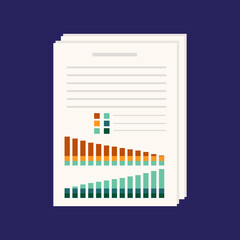 Graph, diagram or statistics. Dynamics of development and process performance. Business analysis paper document, result. Growth traffic of indicators on chart. The concept of a report, planning.Vector