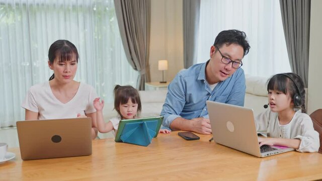 Busy family, Parents work from home and support daughter study online