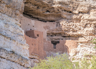 Closeup view of Montezuma castle  National Monument ancient cliff dwelling in Camp Verde Arizona built by the indigenous Sinagua people, early stone-and-mortar masonry, constructed from limestone