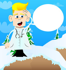 Funny cartoon doctor placing hand on head. Vector illustration. Health care worker with problems thinking on solutions.