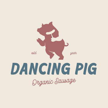 Retro logo with dancing pig hold sausage logo