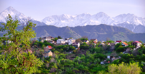Landscape with cozy houses in the countryside against the background of snow-capped peaks