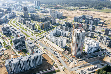 Obraz premium new residential area Novaya Borovaya, Minsk, Belarus. panoramic aerial view