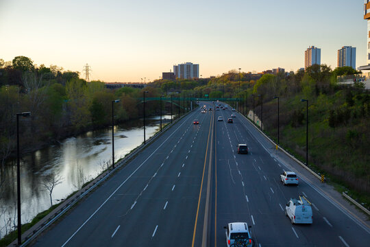 Traffic in the city at evening. Toronto, Gardiner, Canada