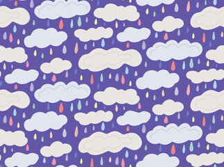 Cute childish pattern with colorful drop and cloud on violet background. Vector natural texture with color rain. Gentle rainy an cloudy sky wallpaper. Fabric with multicolored rainfall