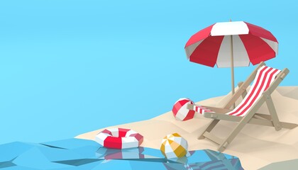 3D render of origami style beach with summer vacation elements.