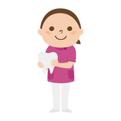女性の歯医者さんのイラスト。歯のオモチャを持っている笑顔の女性。