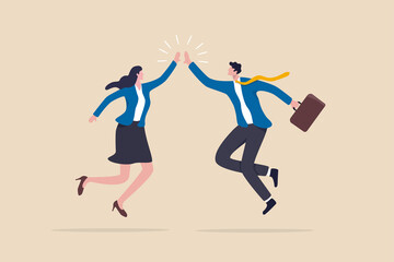 Fototapeta na wymiar Team success winners, hi five or congratulation on business goal achievement, collaboration or encouragement concept, happy businessman and woman teamwork coworkers jumping and hi five clapping hands.