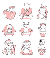 Cartoon sketch the cute animals. Hand drawn style.