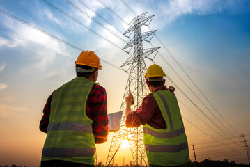 Picture of two electrical engineers checking electrical work using a computer standing at a power...