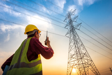 An electrical engineer standing and watching at the electric power station to view the planning work by producing electricity at high voltage electricity poles.