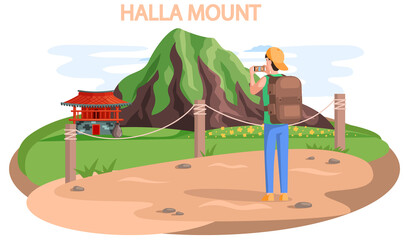 Hallasan mountain famous landmark of Jeju Island in south Korea. Extinct volcano in national park. Mountain is located in center of island and man tourist traveler takes picture on natural showplace © Dmytro