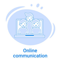 Icon of Online communication and virtual communication.Use of messengers and video hosting services. Vector illustration of a thin line icon on a blue background.