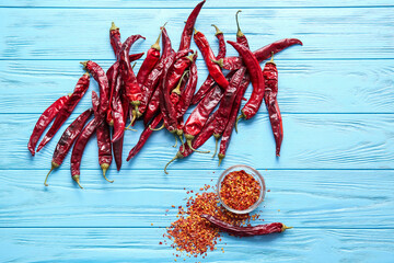 Composition with hot chili pepper on color background