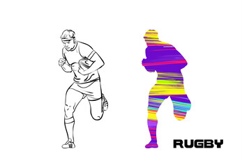 Poster with people in dynamic game or action. Colorful silhouettes with brush stroke inside.