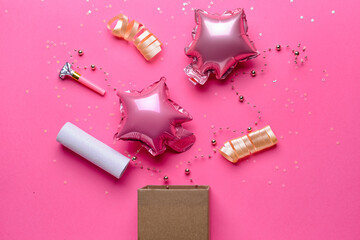 Party set with confetti on color background