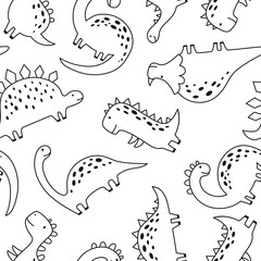 Seamless pattern with cute dinosaur in outline sketchy style. Funny cartoon dino. Hand drawn vector doodle for kids