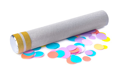 Party popper and confetti on white background