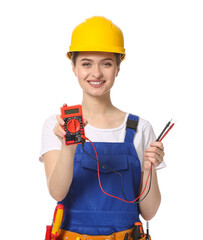 Beautiful female electrician with multimeter on white background
